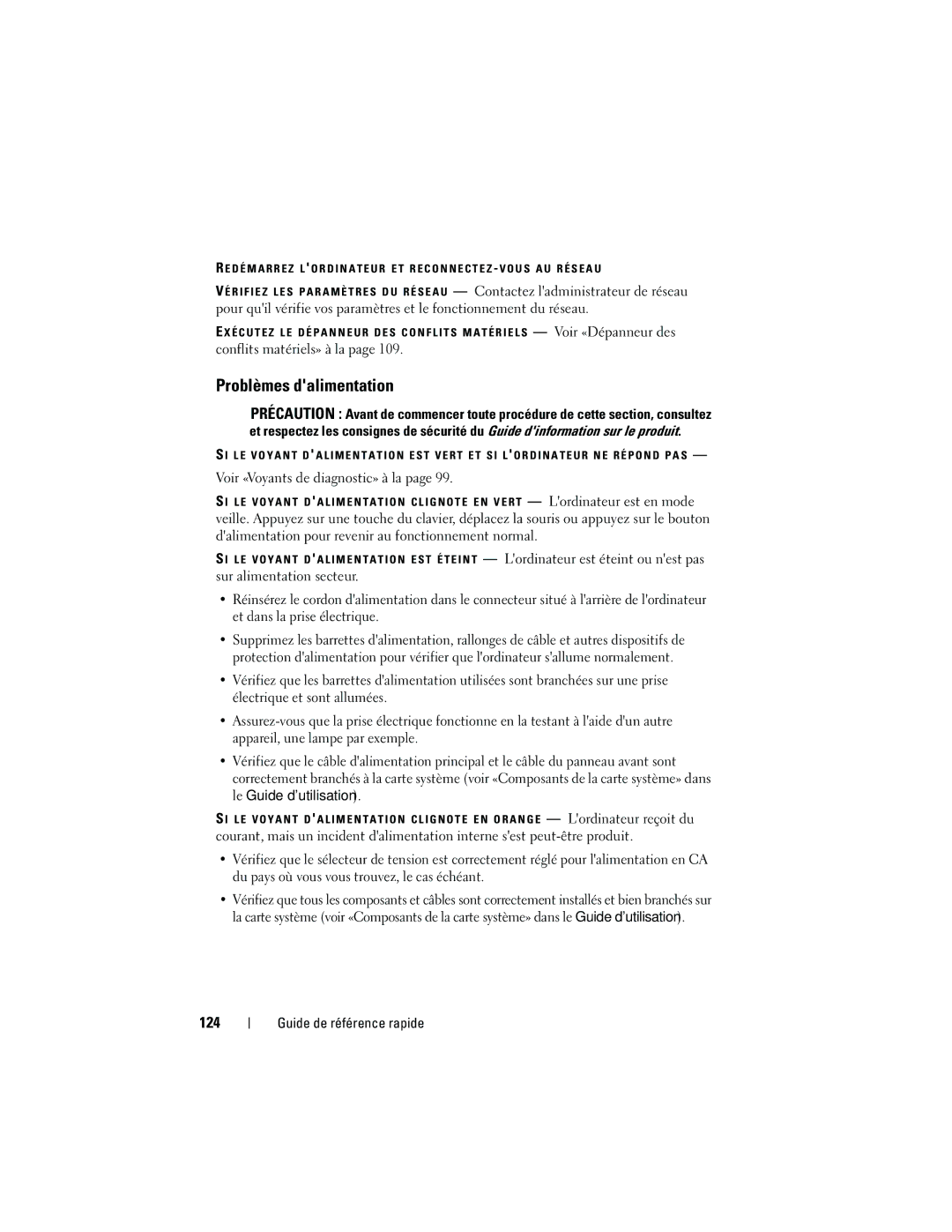 Dell KP542 manual Problèmes dalimentation, 124, Conflits matériels» à la, Voir «Voyants de diagnostic» à la 