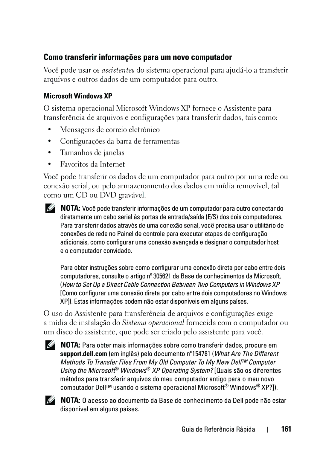 Dell KP542 manual Como transferir informações para um novo computador, 161 