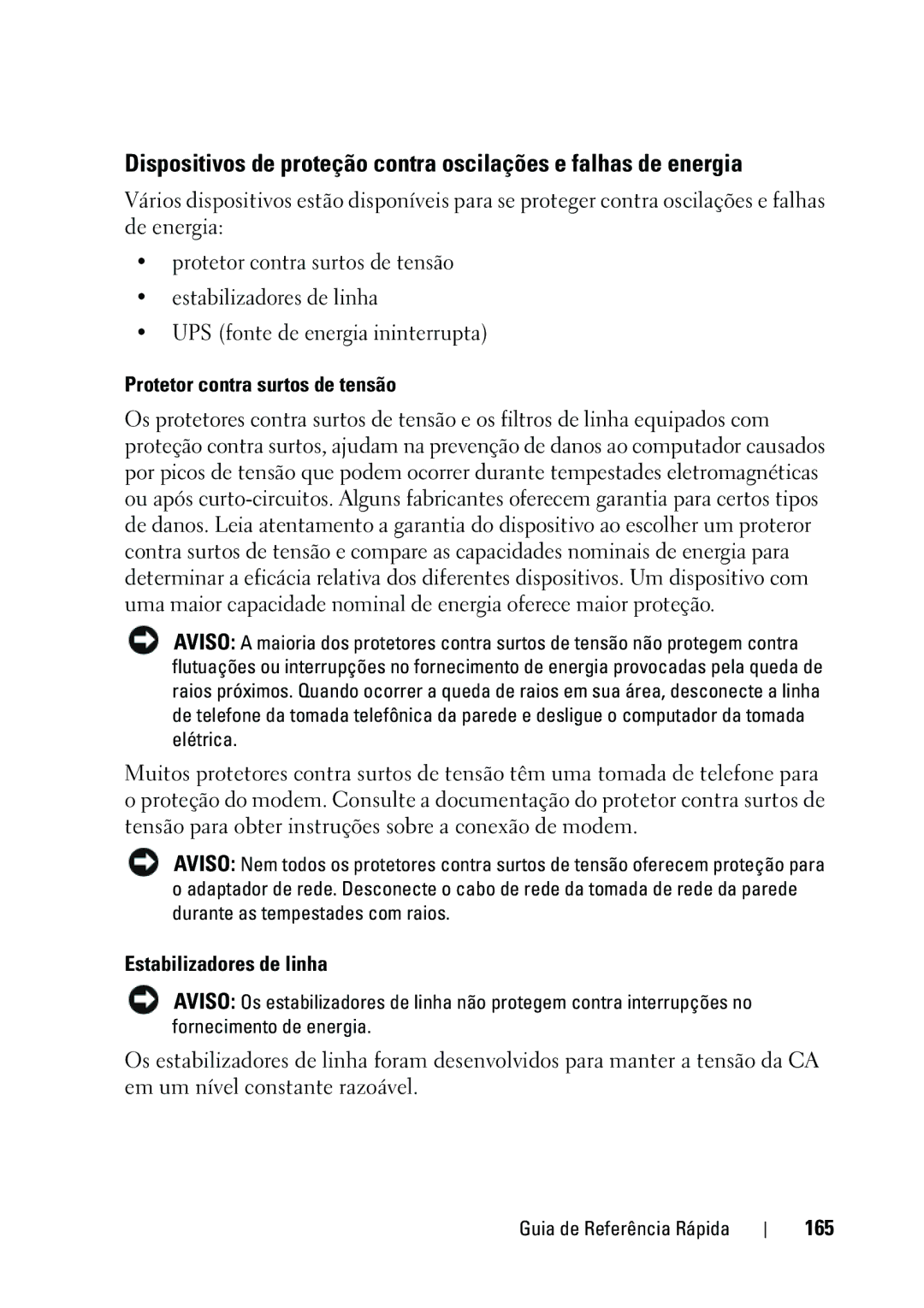 Dell KP542 manual Protetor contra surtos de tensão, Estabilizadores de linha, 165 