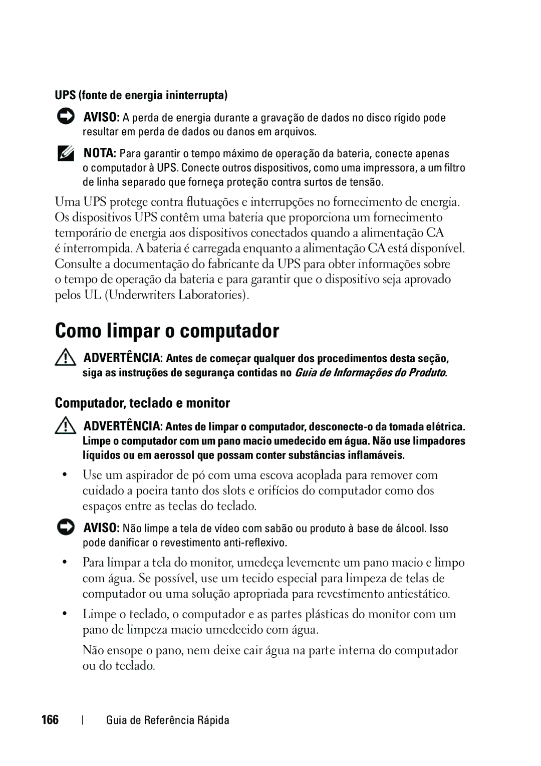 Dell KP542 manual Como limpar o computador, Computador, teclado e monitor, UPS fonte de energia ininterrupta, 166 