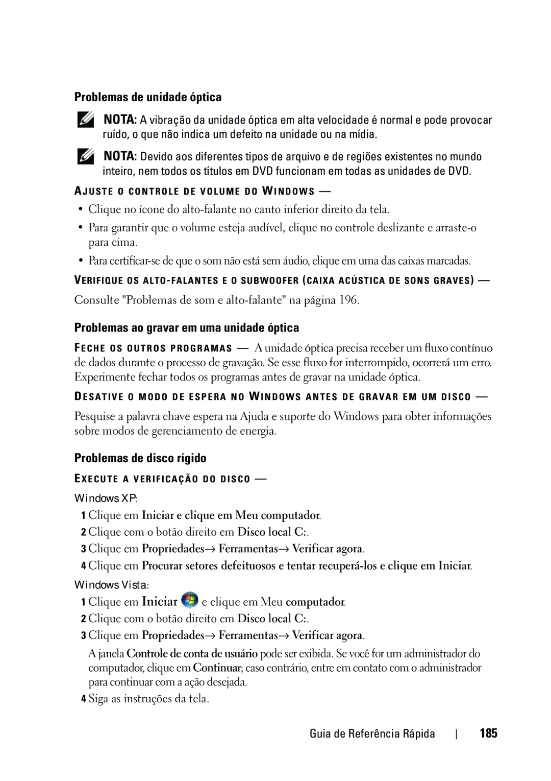 Dell KP542 manual Problemas de unidade óptica, Problemas ao gravar em uma unidade óptica, Problemas de disco rígido, 185 