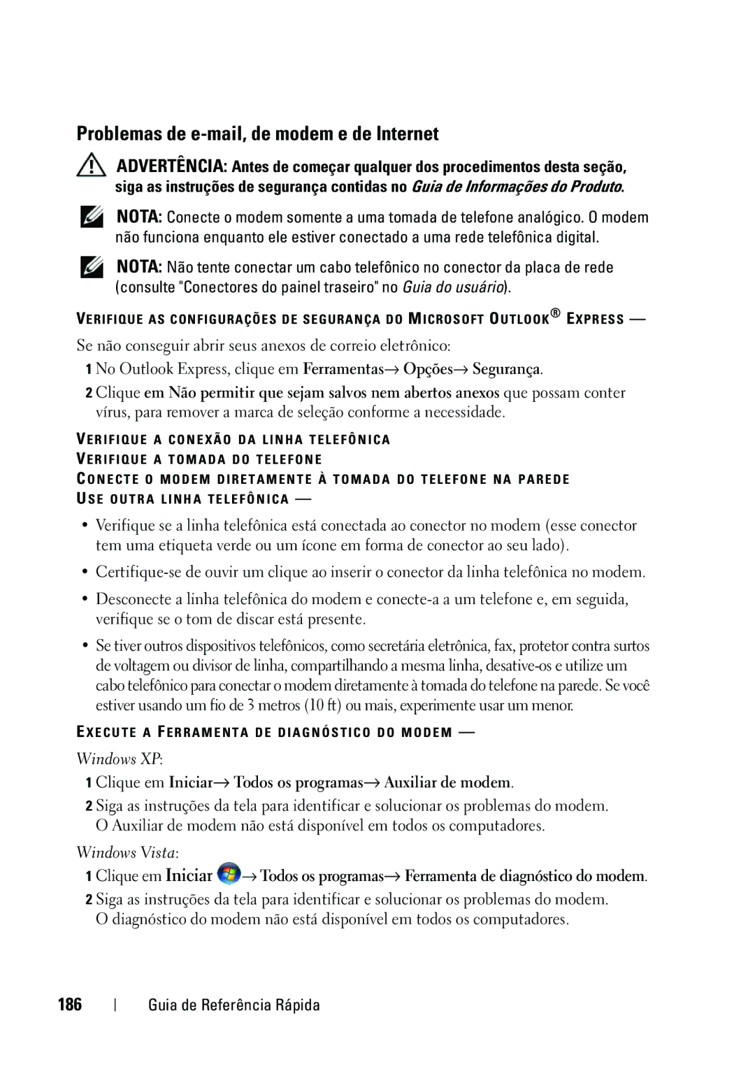 Dell KP542 Problemas de e-mail, de modem e de Internet, 186, Clique em Iniciar→ Todos os programas→ Auxiliar de modem 