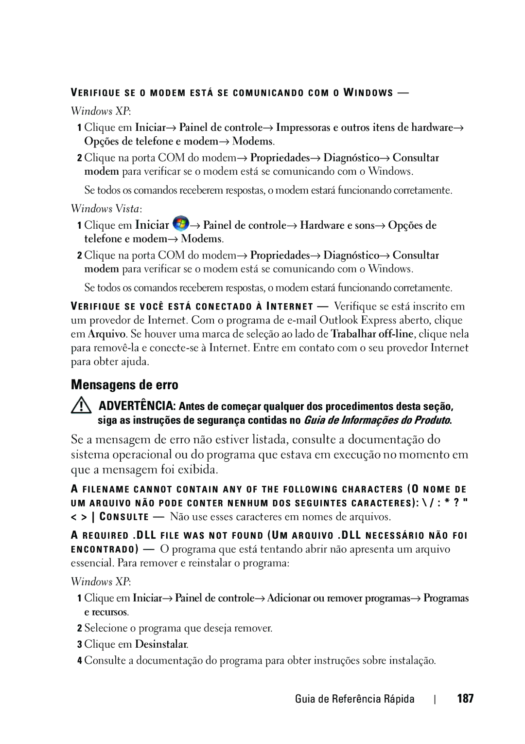 Dell KP542 manual Mensagens de erro, 187, N S U L T E Não use esses caracteres em nomes de arquivos 