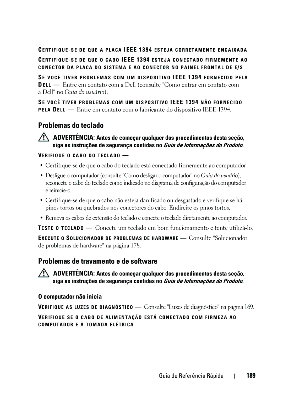 Dell KP542 manual Problemas do teclado, Problemas de travamento e de software, Computador não inicia, 189 