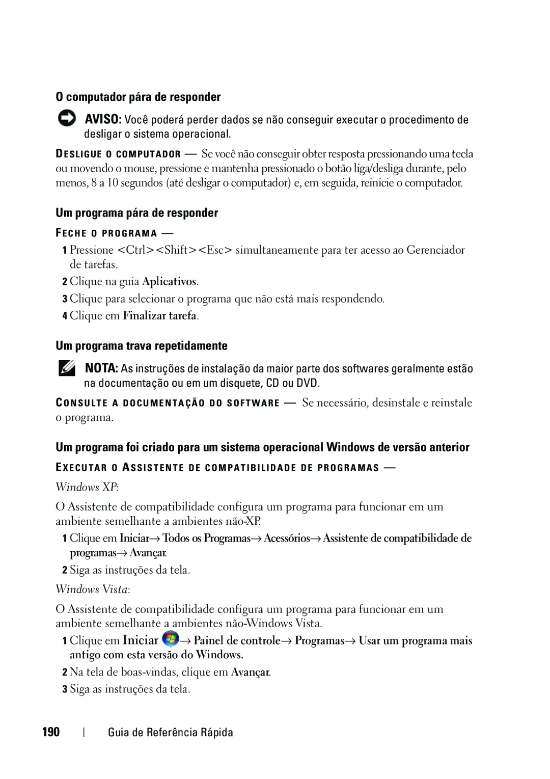 Dell KP542 manual Computador pára de responder, Um programa pára de responder, Um programa trava repetidamente, 190 