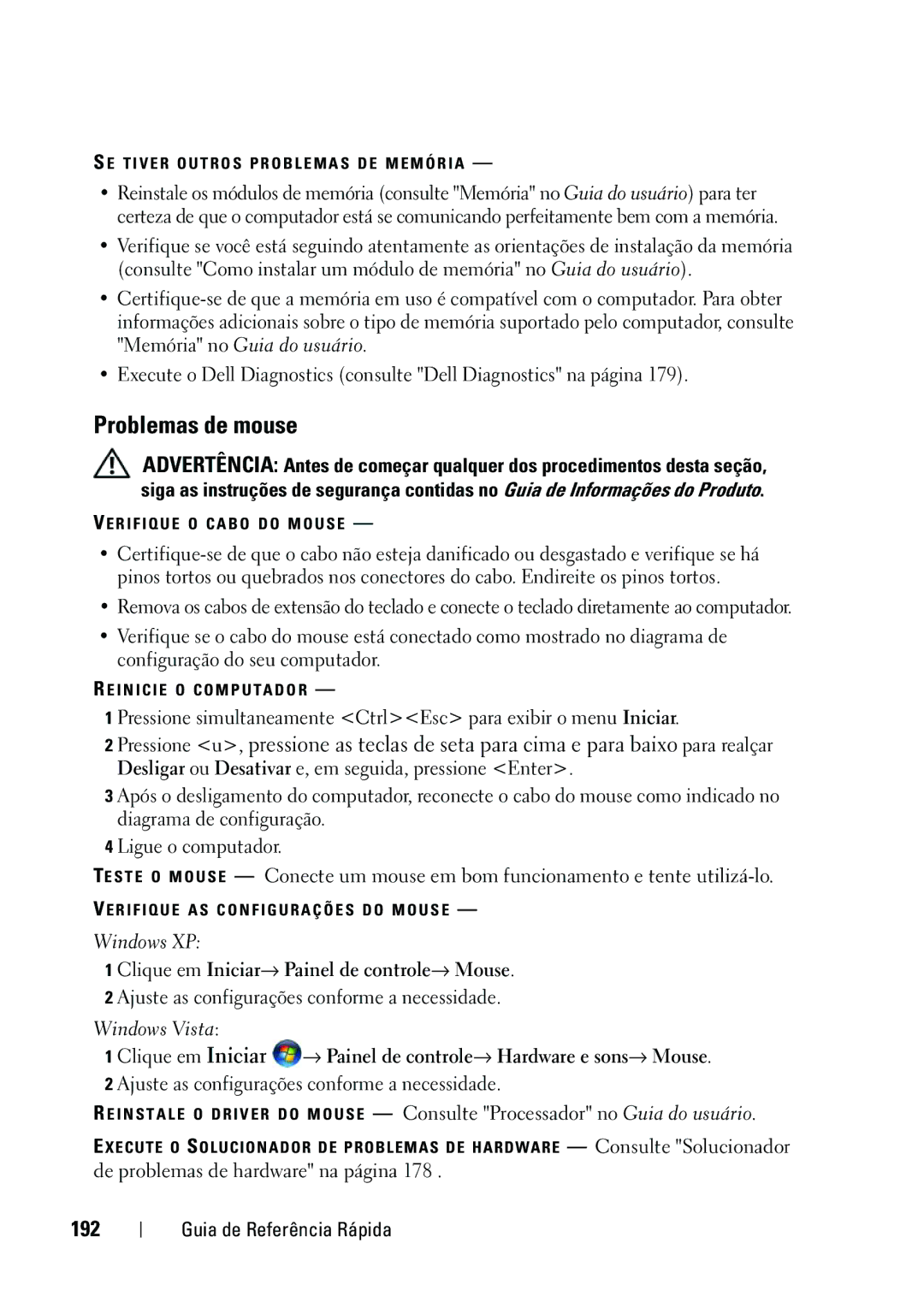 Dell KP542 manual Problemas de mouse, 192, Clique em Iniciar→ Painel de controle→ Mouse, De problemas de hardware na página 