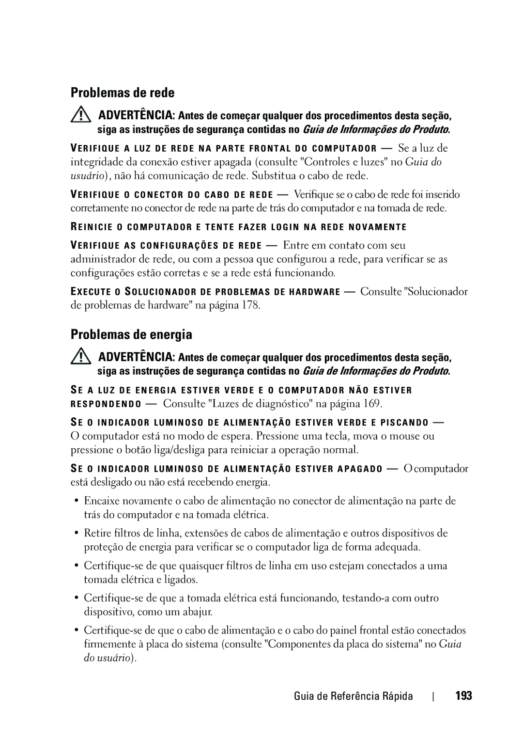 Dell KP542 manual Problemas de rede, Problemas de energia, 193 