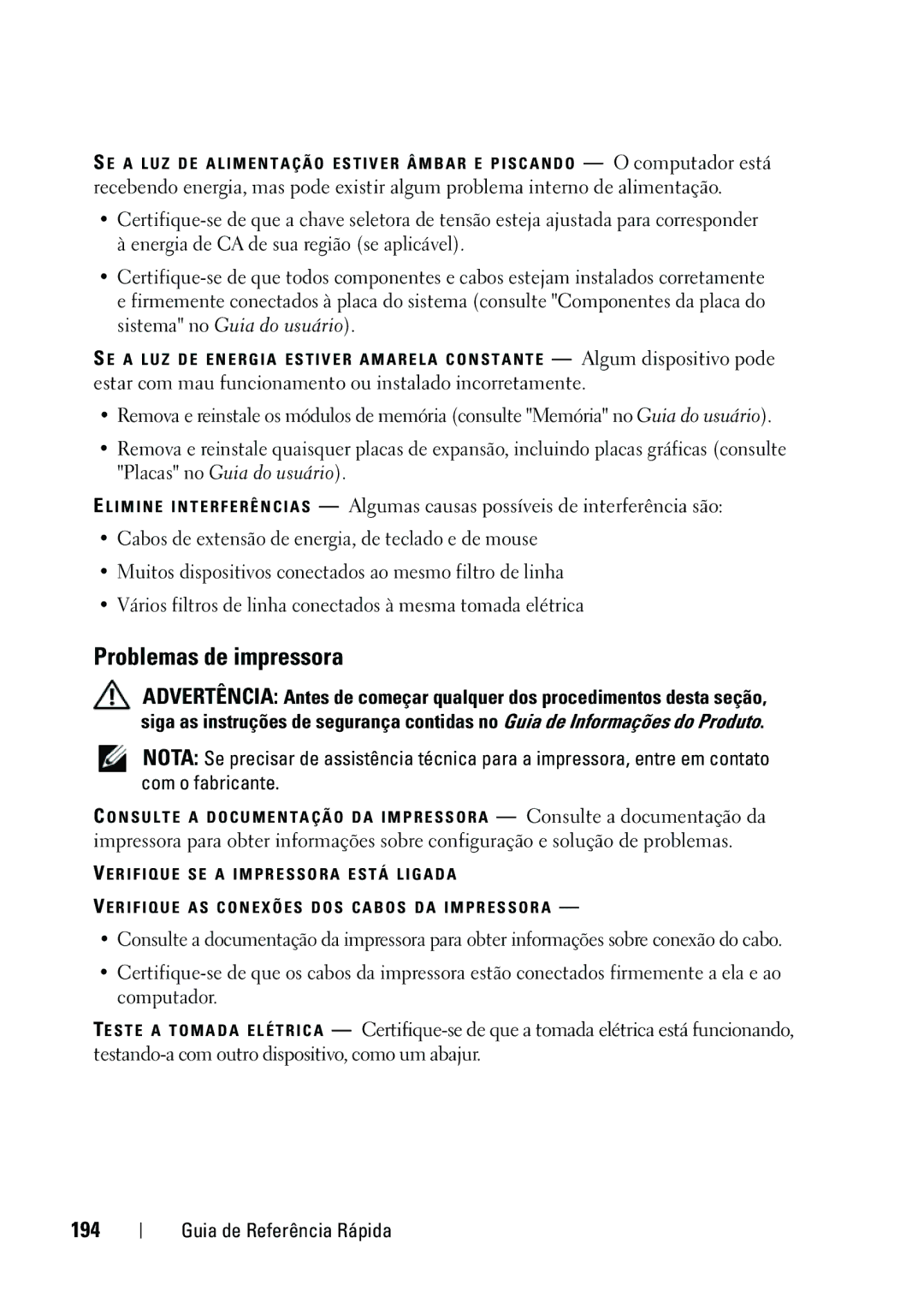 Dell KP542 manual Problemas de impressora, 194 