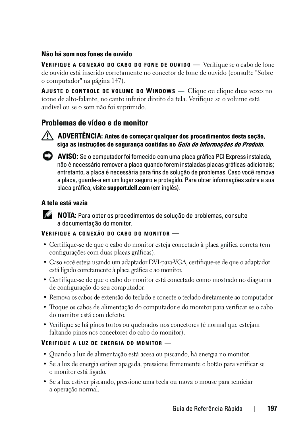 Dell KP542 manual Problemas de vídeo e de monitor, Não há som nos fones de ouvido, Tela está vazia, 197 