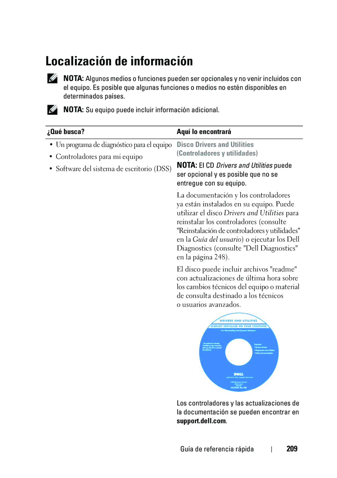 Dell KP542 manual Localización de información, 209, ¿Qué busca? Aquí lo encontrará, Disco Drivers and Utilities 