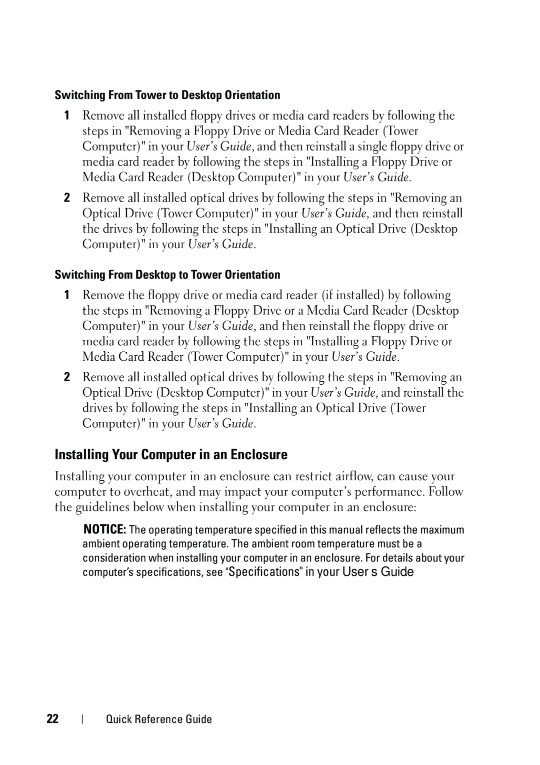 Dell KP542 manual Installing Your Computer in an Enclosure, Switching From Tower to Desktop Orientation 