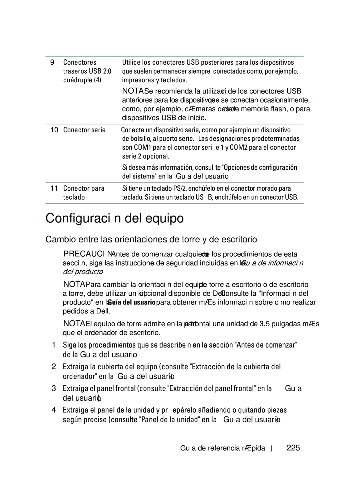 Dell KP542 manual Configuración del equipo, Cambio entre las orientaciones de torre y de escritorio, 225 