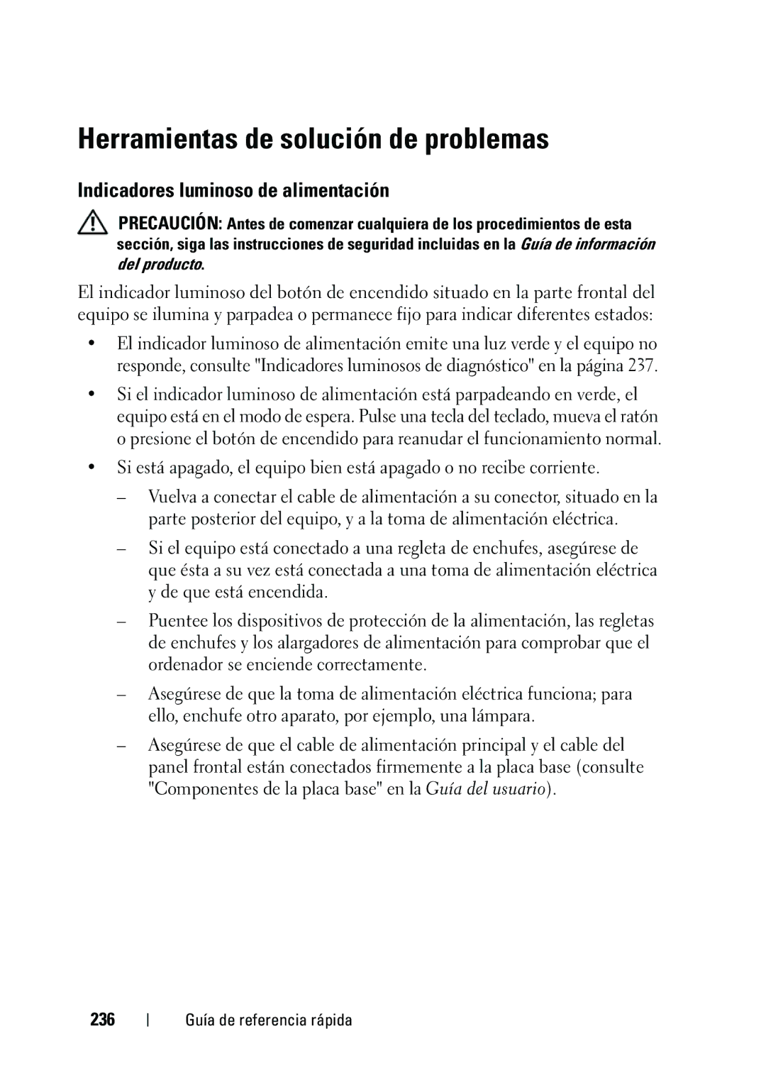 Dell KP542 manual Herramientas de solución de problemas, Indicadores luminoso de alimentación, 236 