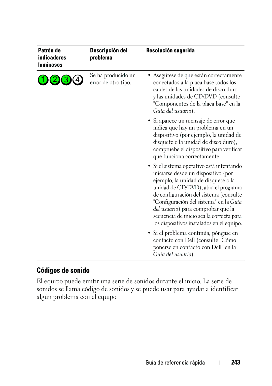 Dell KP542 manual Códigos de sonido, 243 