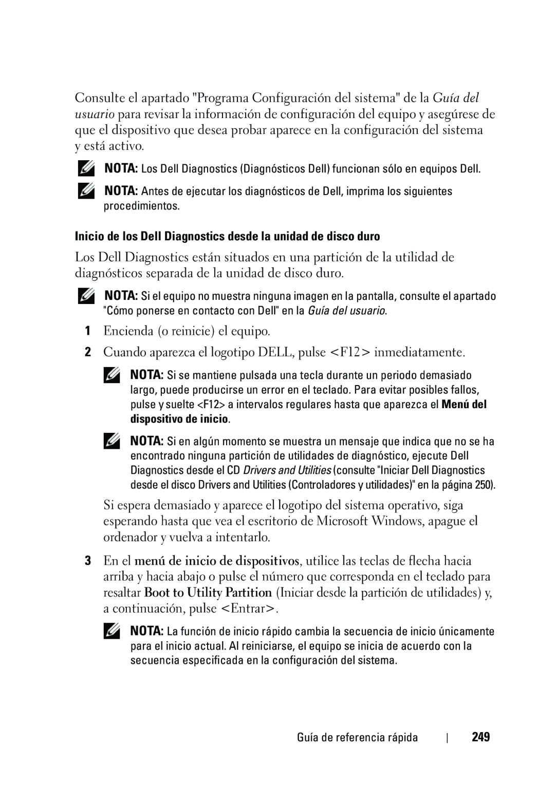 Dell KP542 manual Inicio de los Dell Diagnostics desde la unidad de disco duro, 249 