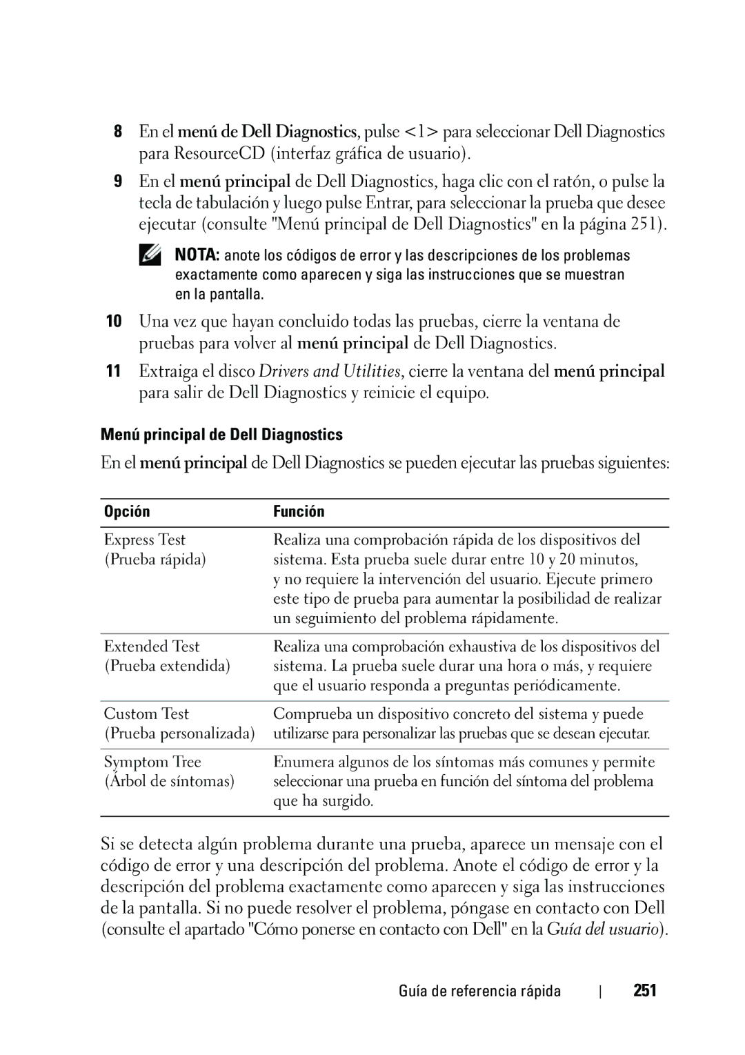 Dell KP542 manual Menú principal de Dell Diagnostics, 251, Opción Función 