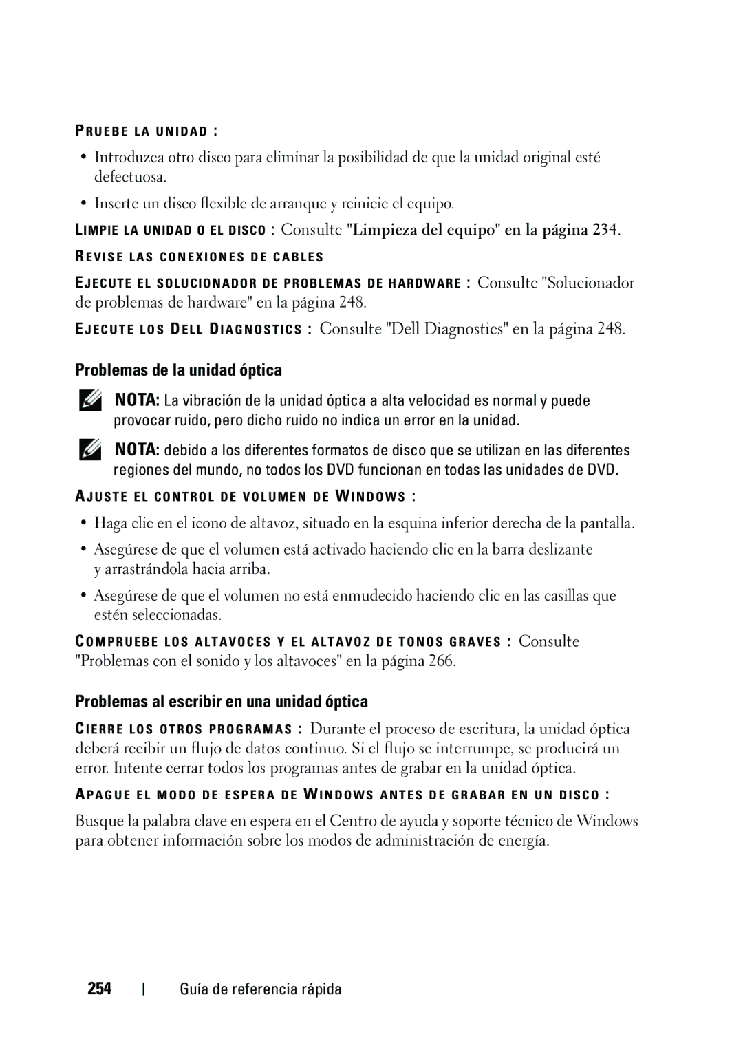 Dell KP542 manual Problemas de la unidad óptica, Problemas al escribir en una unidad óptica, 254 