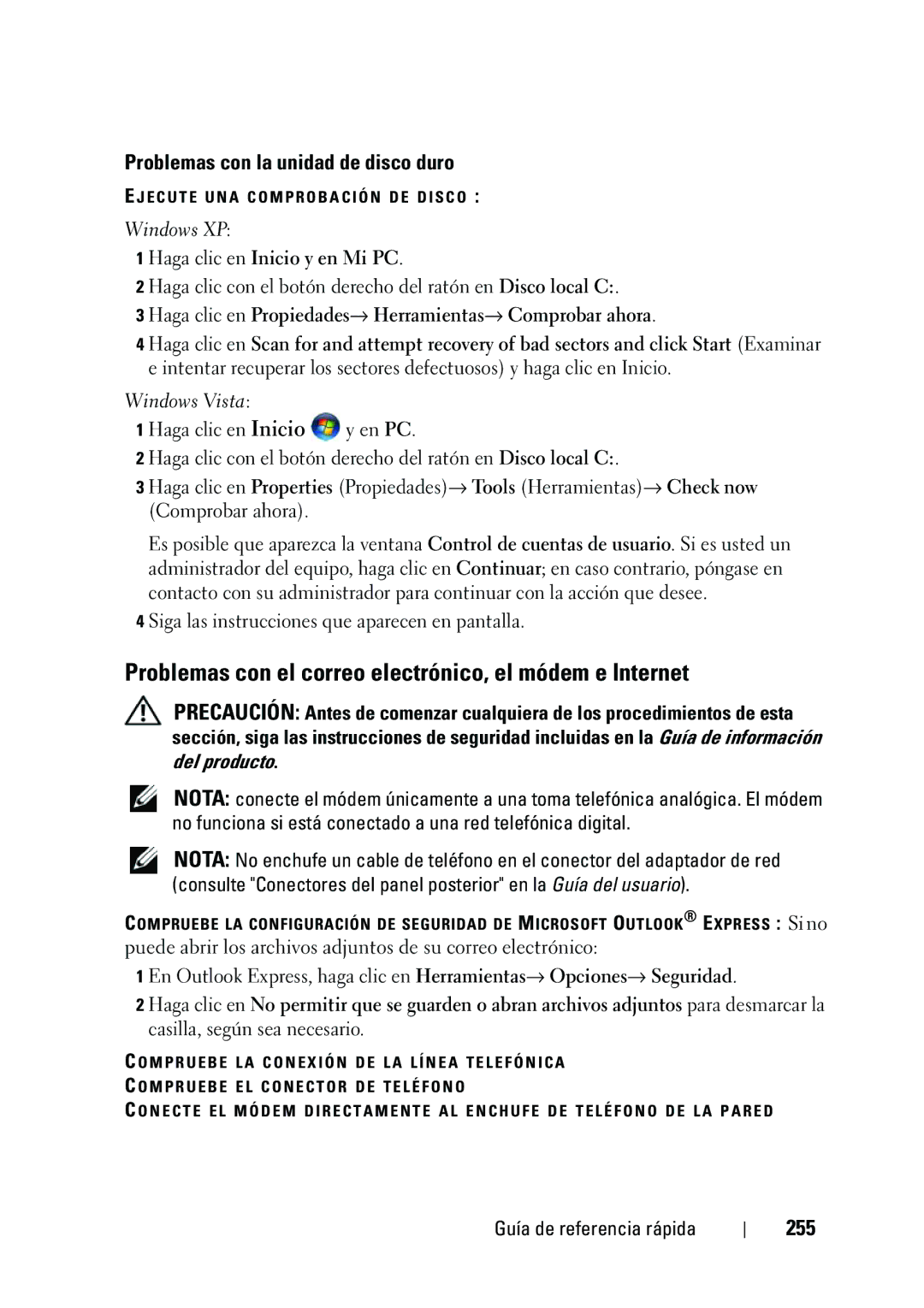 Dell KP542 manual Problemas con el correo electrónico, el módem e Internet, Problemas con la unidad de disco duro, 255 