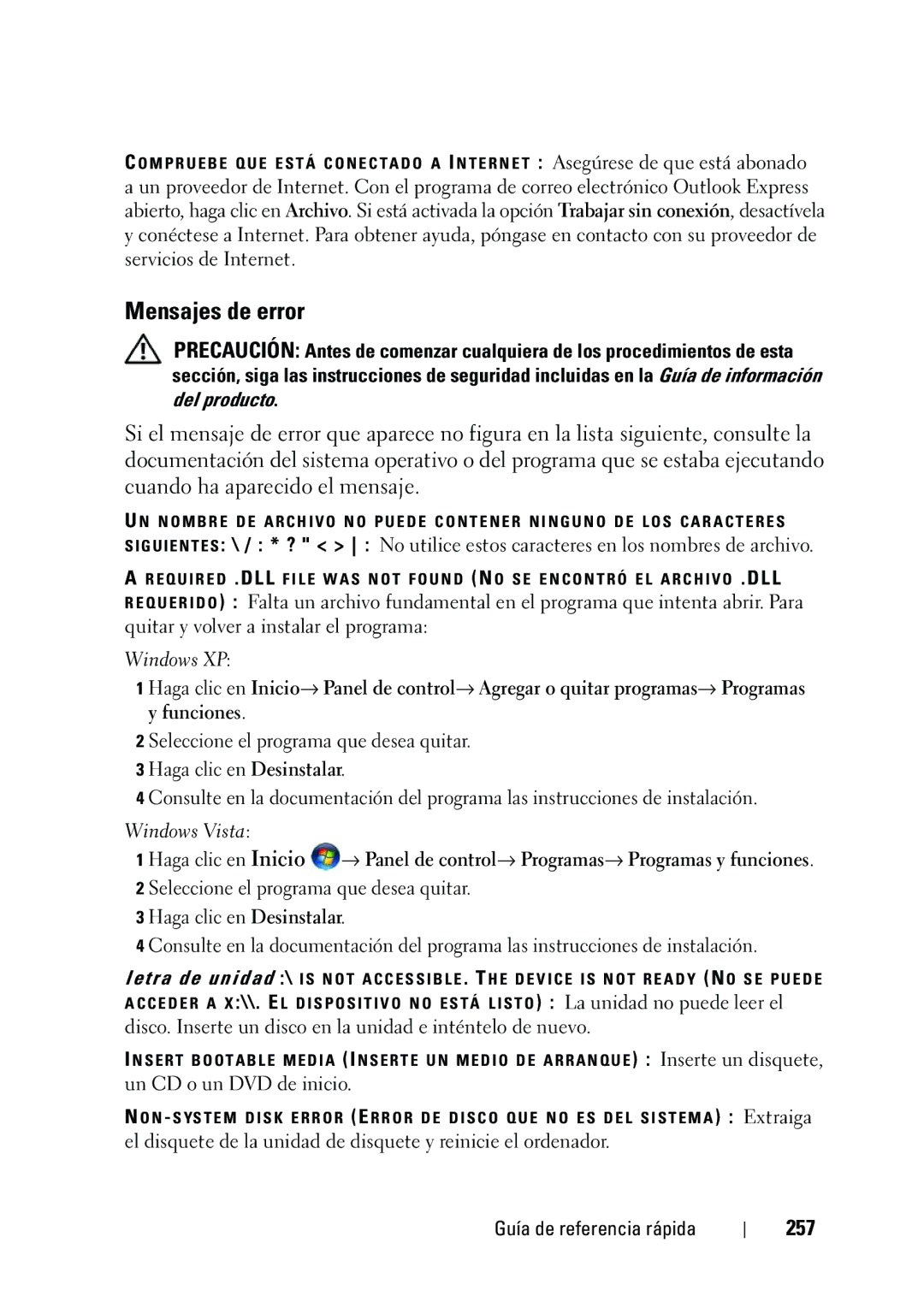 Dell KP542 Mensajes de error, 257, Disco. Inserte un disco en la unidad e inténtelo de nuevo, Un CD o un DVD de inicio 