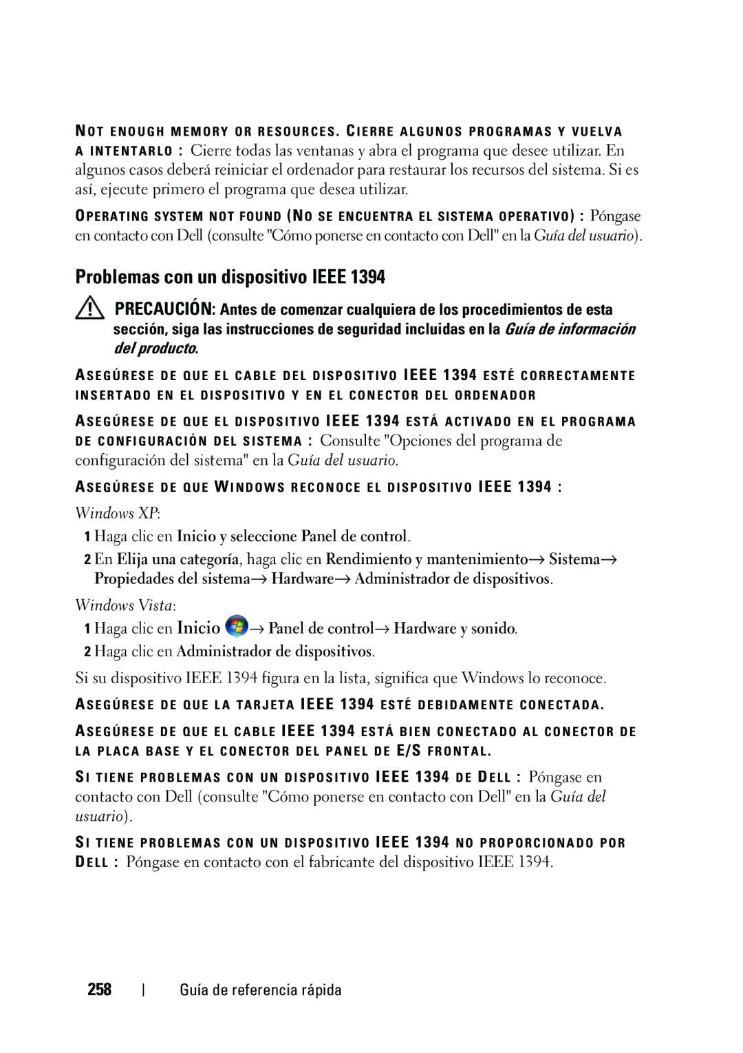 Dell KP542 manual Problemas con un dispositivo Ieee, 258, Haga clic en Inicio y seleccione Panel de control 