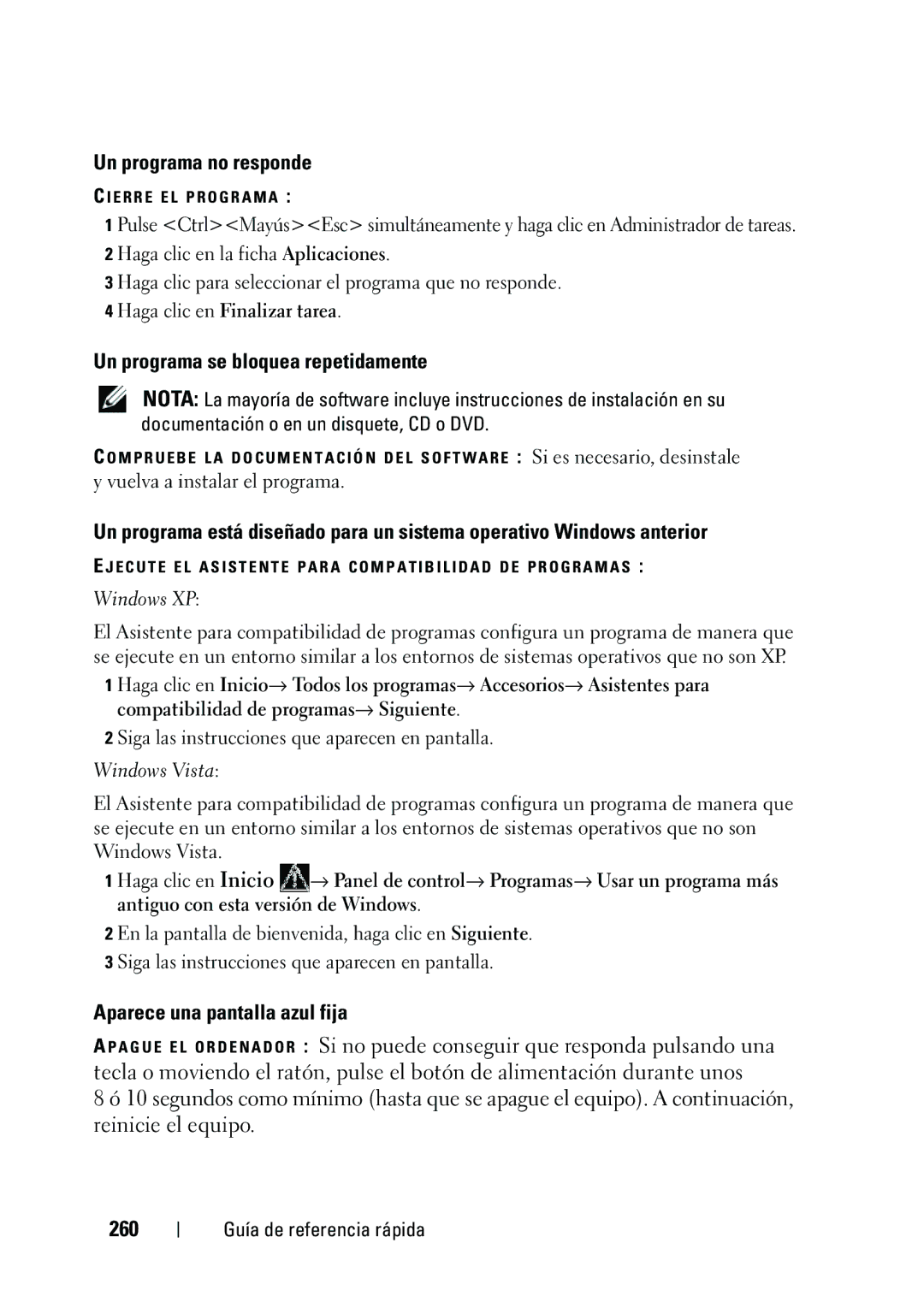 Dell KP542 manual Un programa no responde, Un programa se bloquea repetidamente, Aparece una pantalla azul fija, 260 