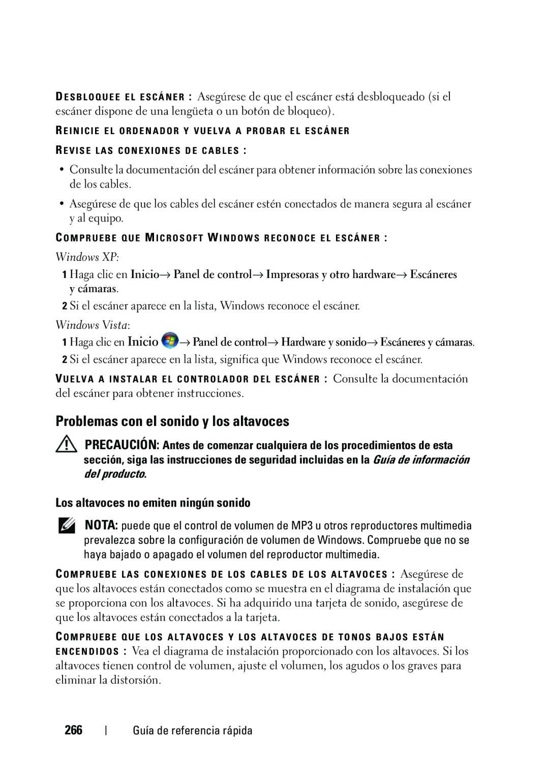 Dell KP542 manual Problemas con el sonido y los altavoces, Los altavoces no emiten ningún sonido, 266 