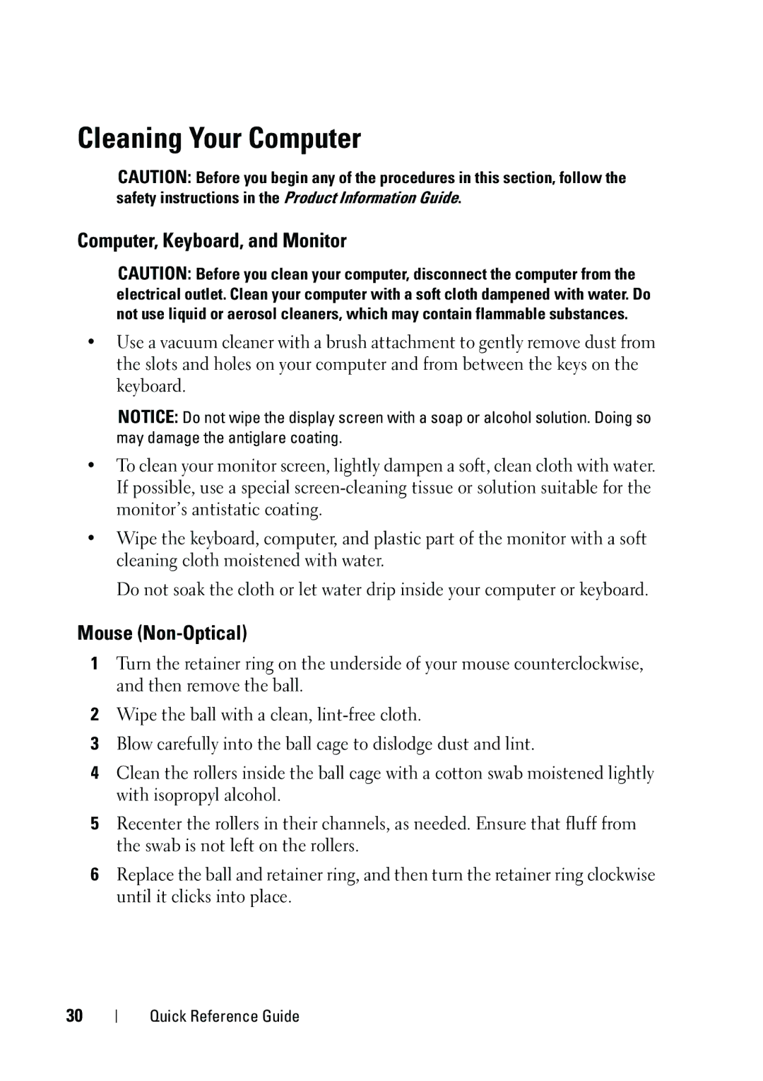 Dell KP542 manual Cleaning Your Computer, Computer, Keyboard, and Monitor, Mouse Non-Optical 