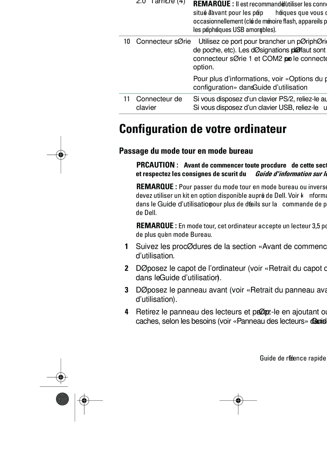 Dell KP542 manual Configuration de votre ordinateur, Passage du mode tour en mode bureau 