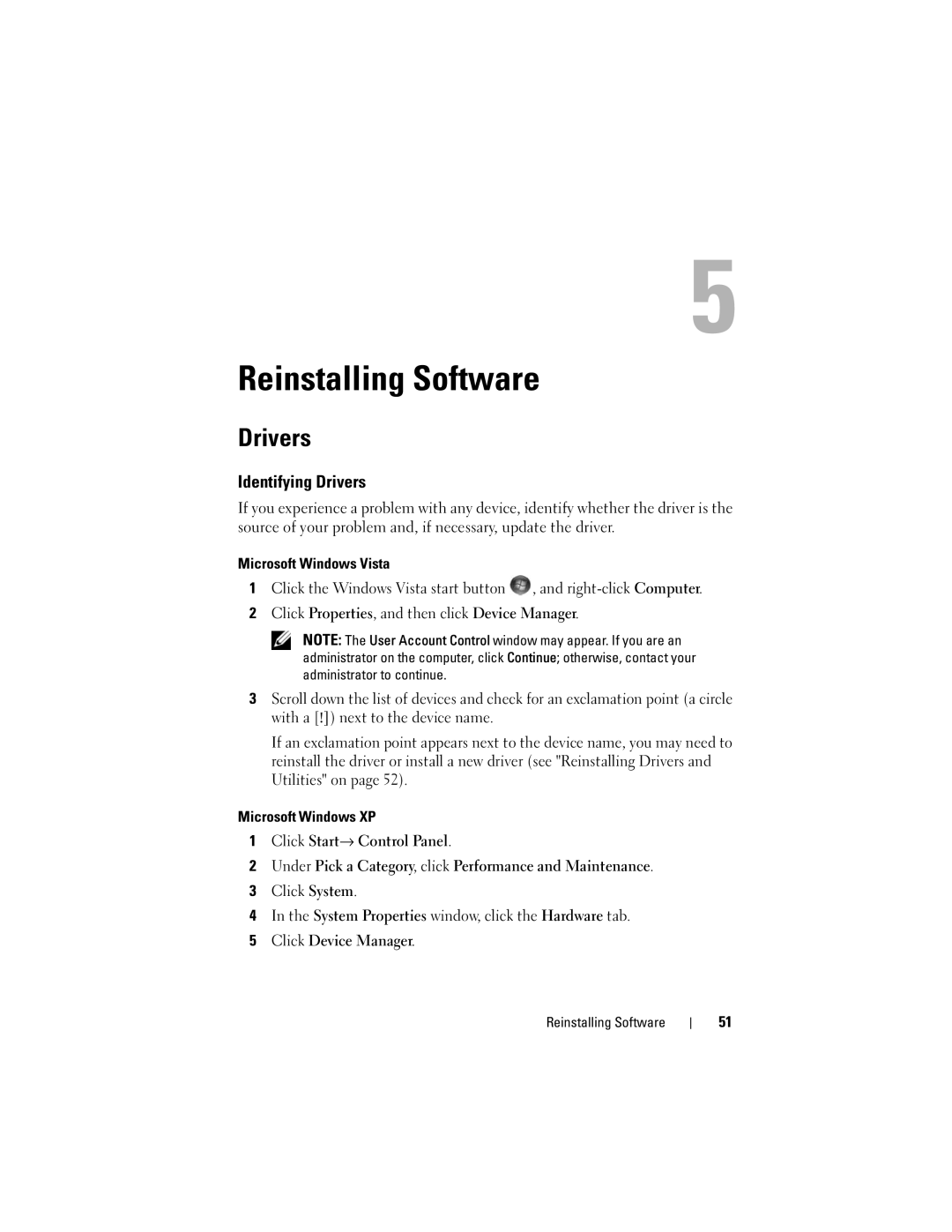 Dell WMTE01, KR019 specifications Reinstalling Software, Identifying Drivers, Click Device Manager 