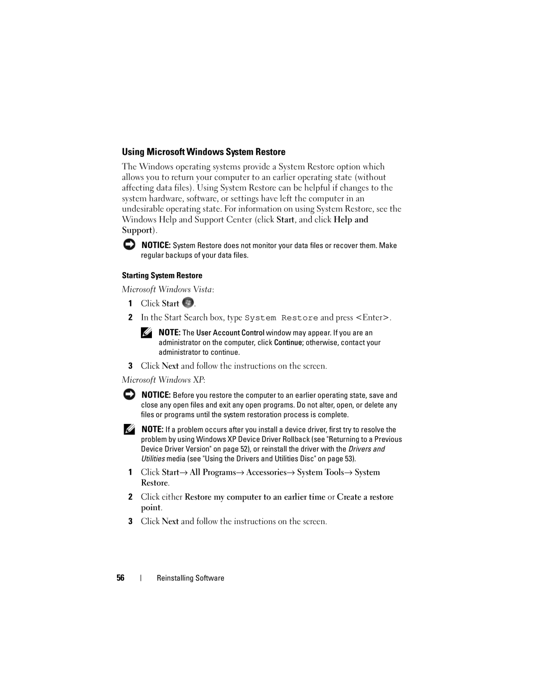 Dell KR019, WMTE01 specifications Using Microsoft Windows System Restore 