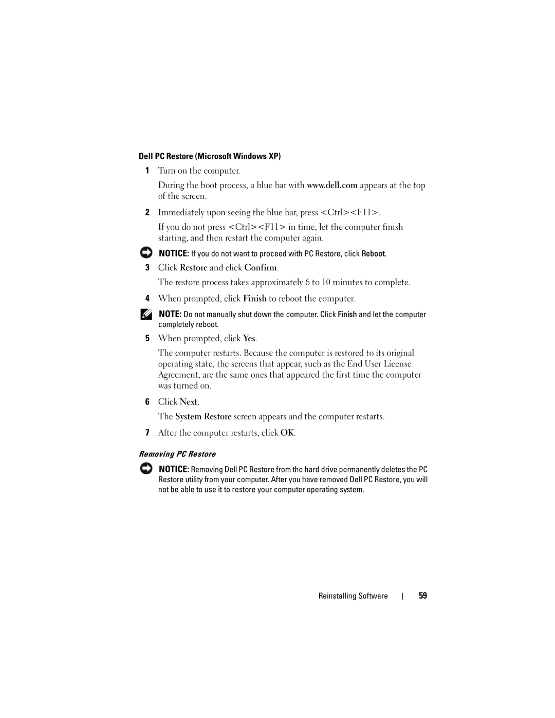 Dell WMTE01, KR019 specifications Dell PC Restore Microsoft Windows XP 