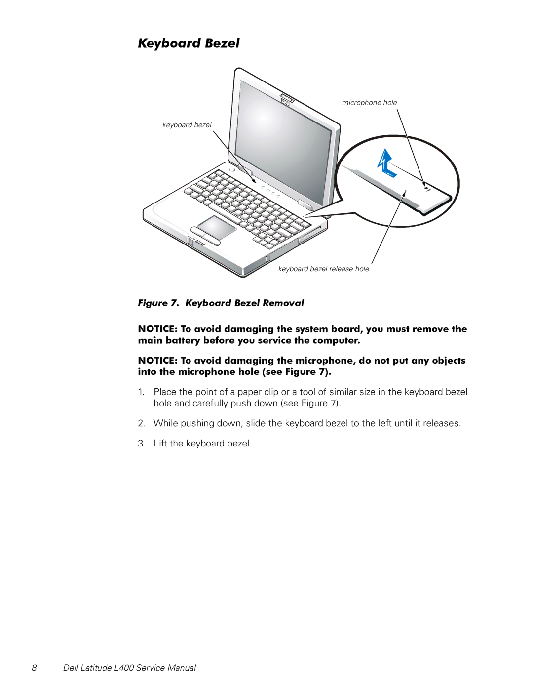 Dell L400 service manual Keyboard Bezel Removal 