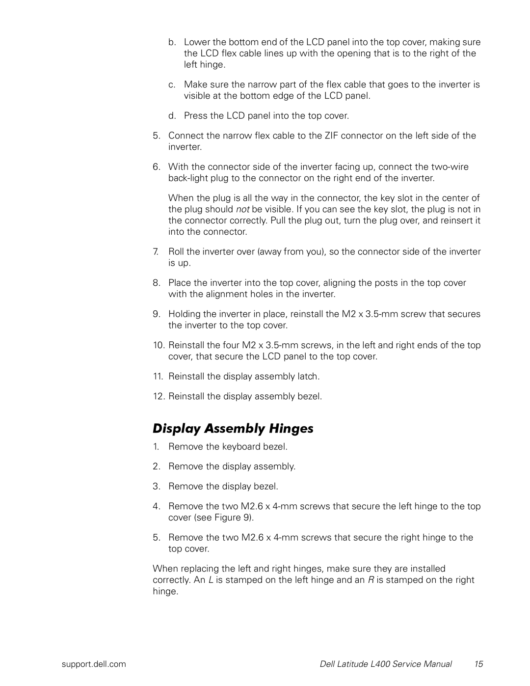 Dell L400 service manual Display Assembly Hinges 