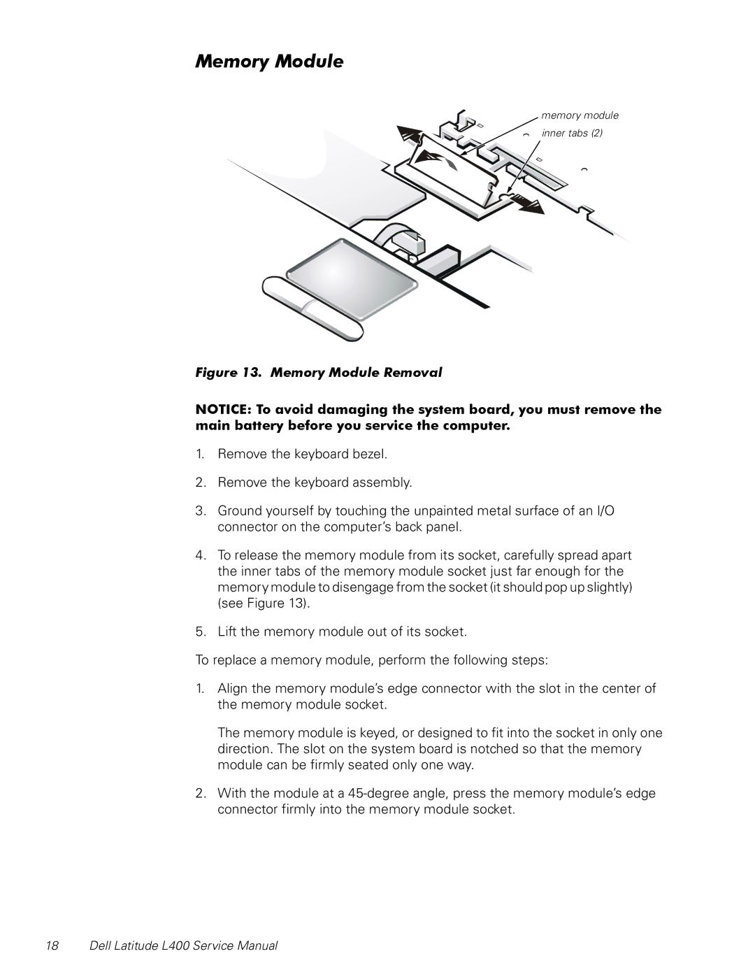 Dell L400 service manual Memory Module Removal 