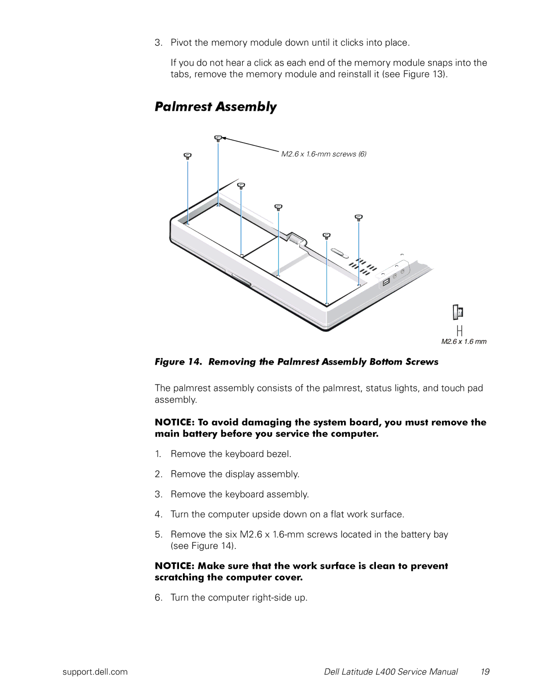 Dell L400 service manual Removing the Palmrest Assembly Bottom Screws 