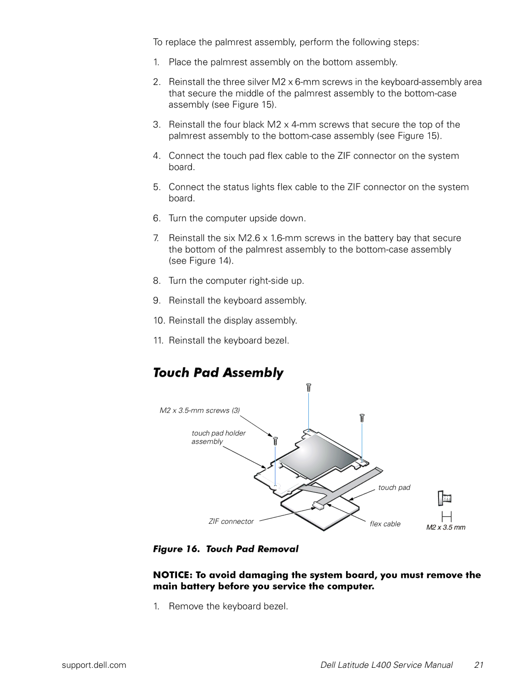 Dell L400 service manual Touch Pad Assembly, Touch Pad Removal 