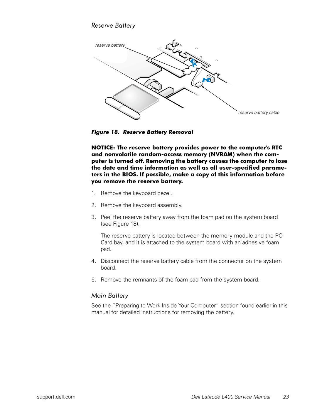 Dell L400 service manual Reserve Battery, Main Battery 