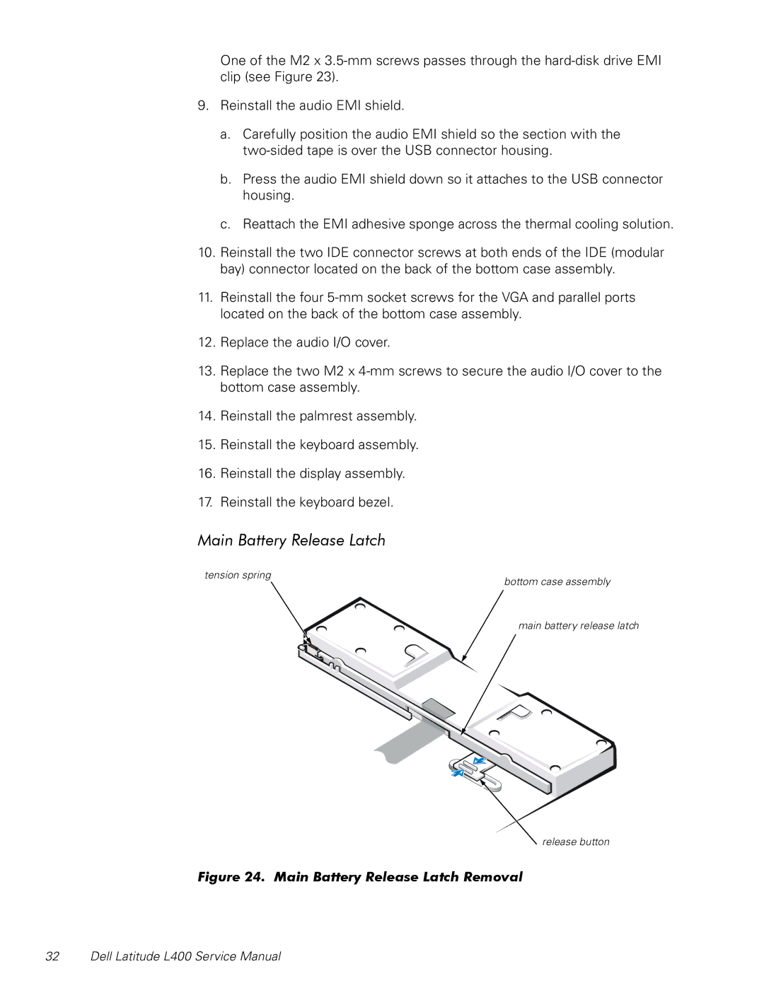 Dell L400 service manual Main Battery Release Latch Removal 