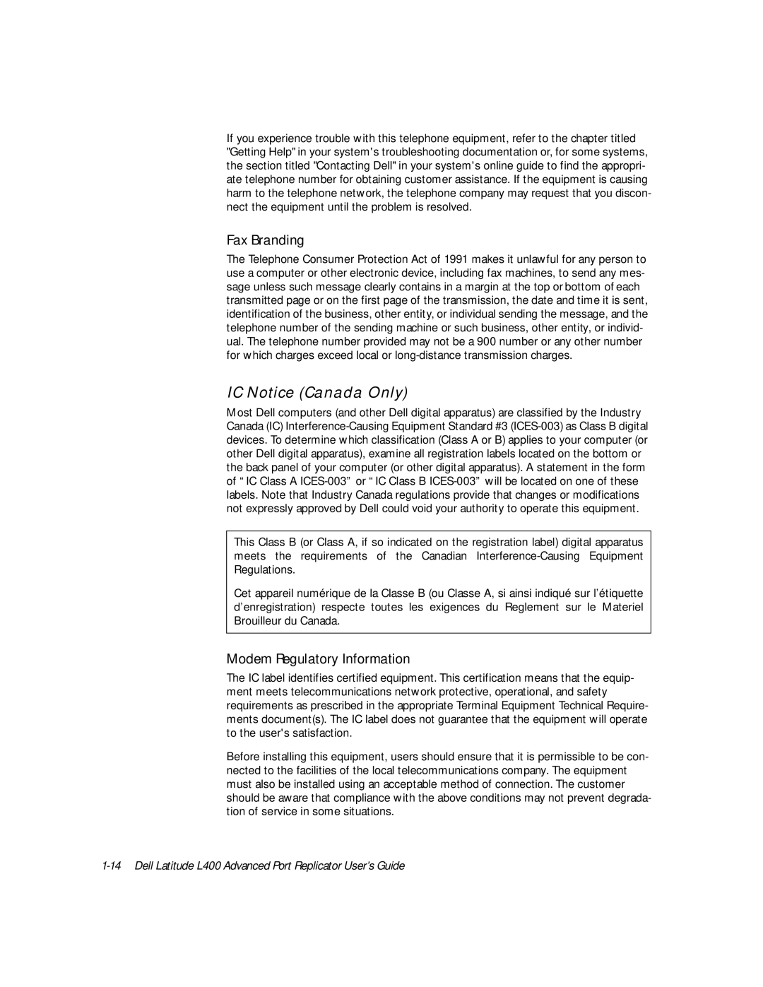 Dell L400 manual IC Notice Canada Only, Fax Branding 