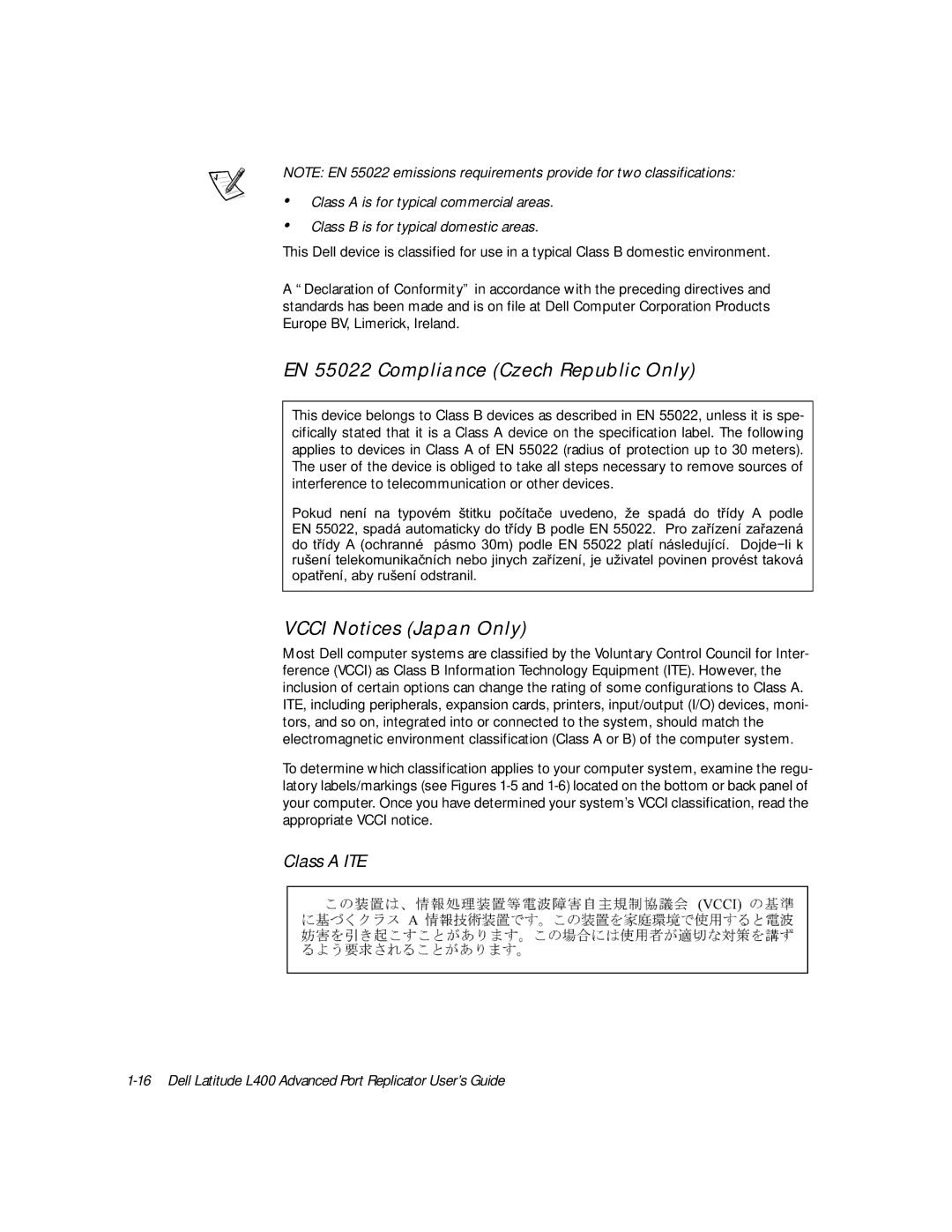 Dell L400 manual EN 55022 Compliance Czech Republic Only, Vcci Notices Japan Only, Class a ITE 