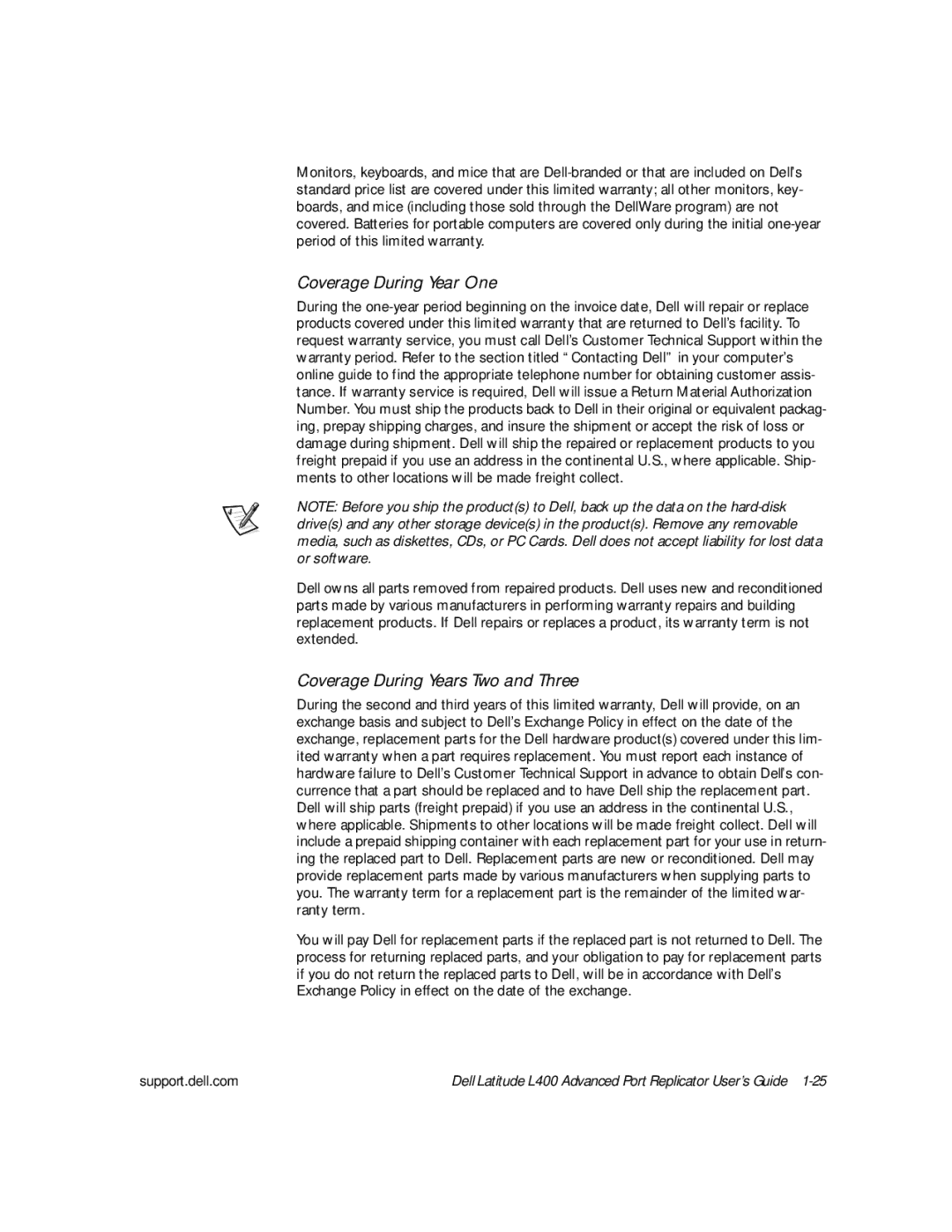 Dell L400 manual Coverage During Year One, Coverage During Years Two and Three 