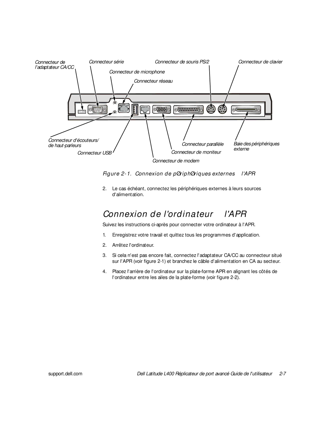 Dell L400 manual Connexion de lordinateur à lAPR, Connexion de périphériques externes à lAPR 