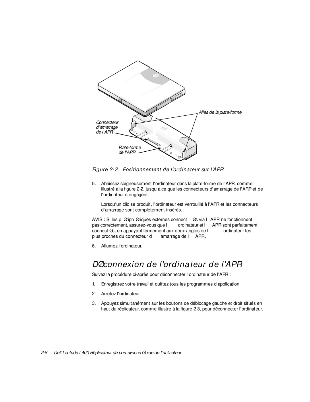 Dell L400 manual Déconnexion de lordinateur de lAPR, Positionnement de lordinateur sur lAPR 