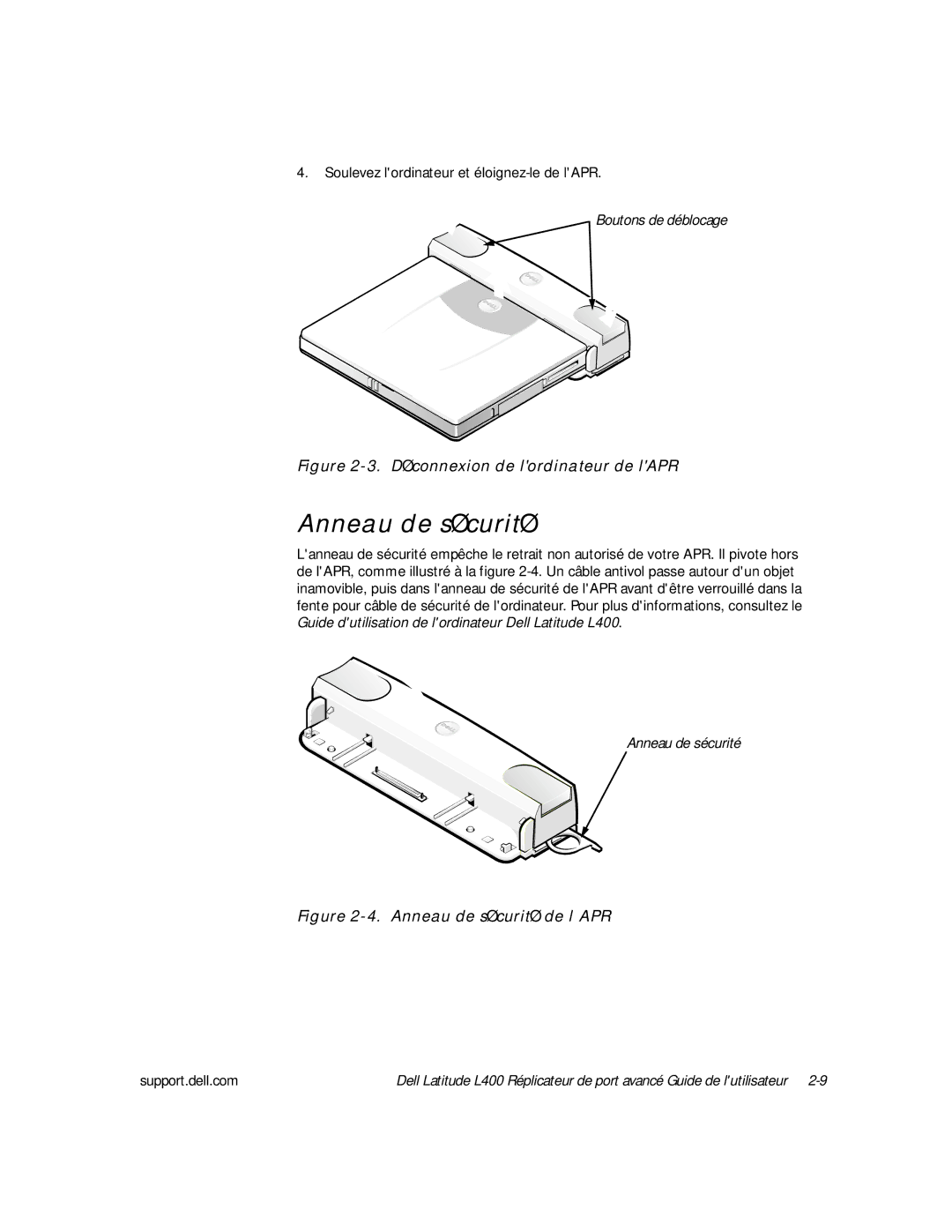 Dell L400 manual Anneau de sécurité, Déconnexion de lordinateur de lAPR 