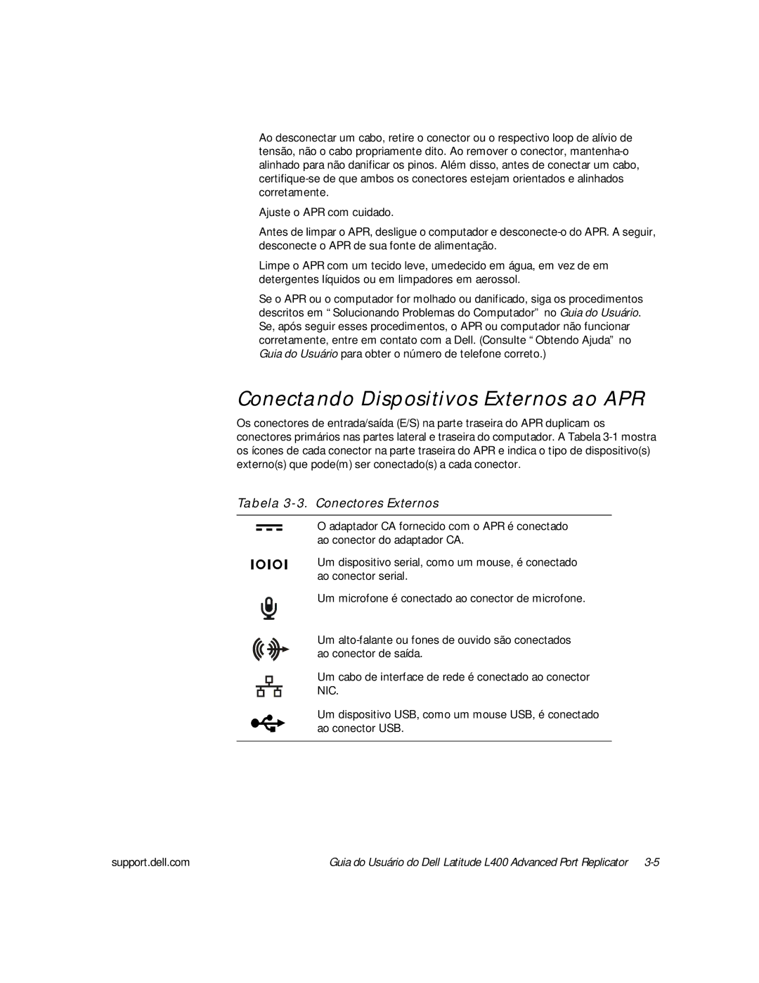 Dell L400 manual Conectando Dispositivos Externos ao APR, Tabela 3-3. Conectores Externos 