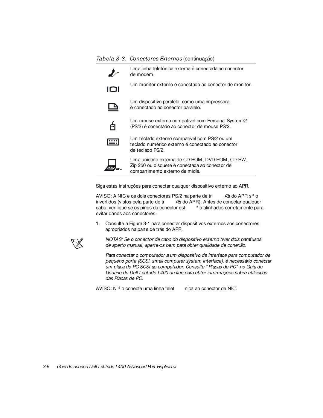 Dell L400 manual Tabela 3-3. Conectores Externos continuação, Aviso Não conecte uma linha telefônica ao conector de NIC 