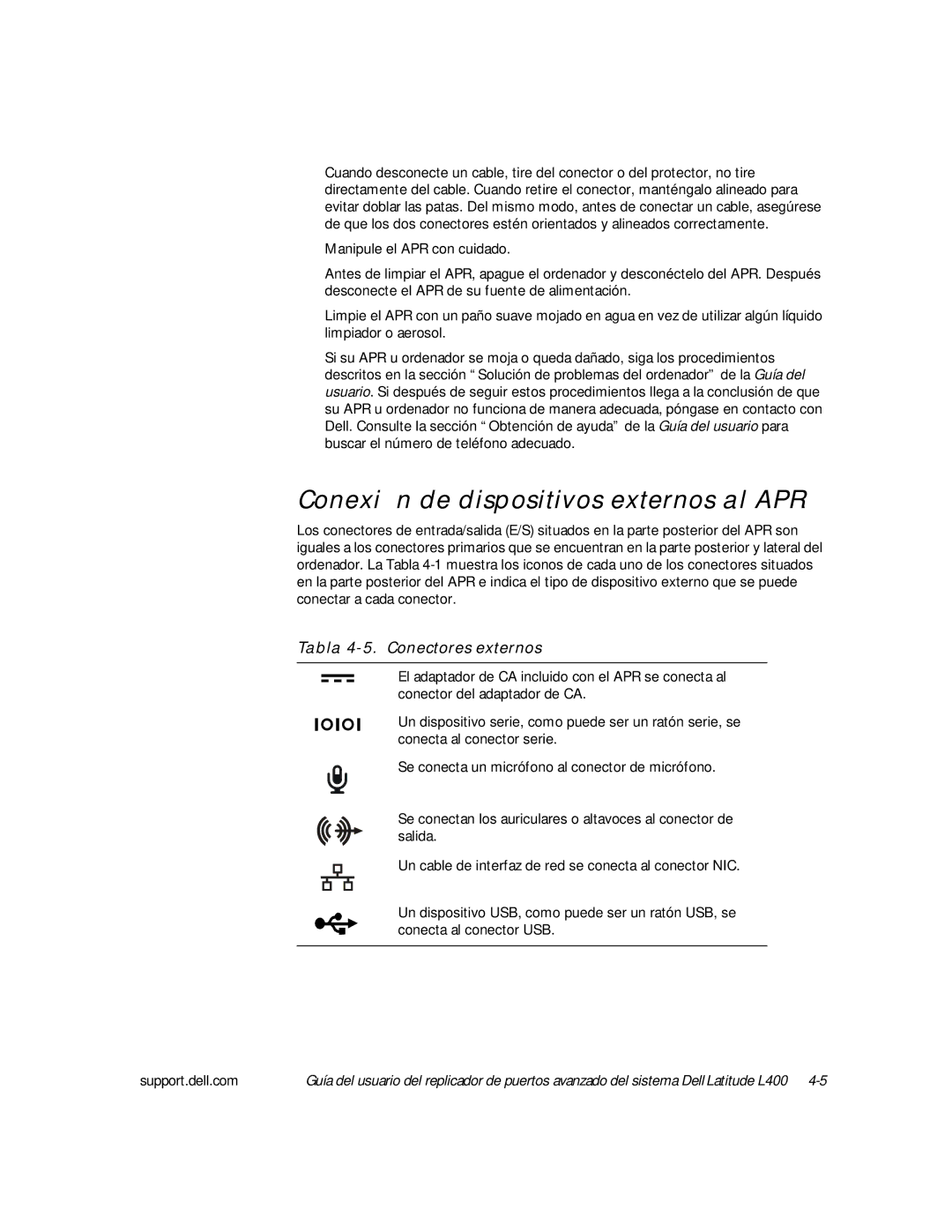 Dell L400 manual Conexión de dispositivos externos al APR, Tabla 4-5. Conectores externos 