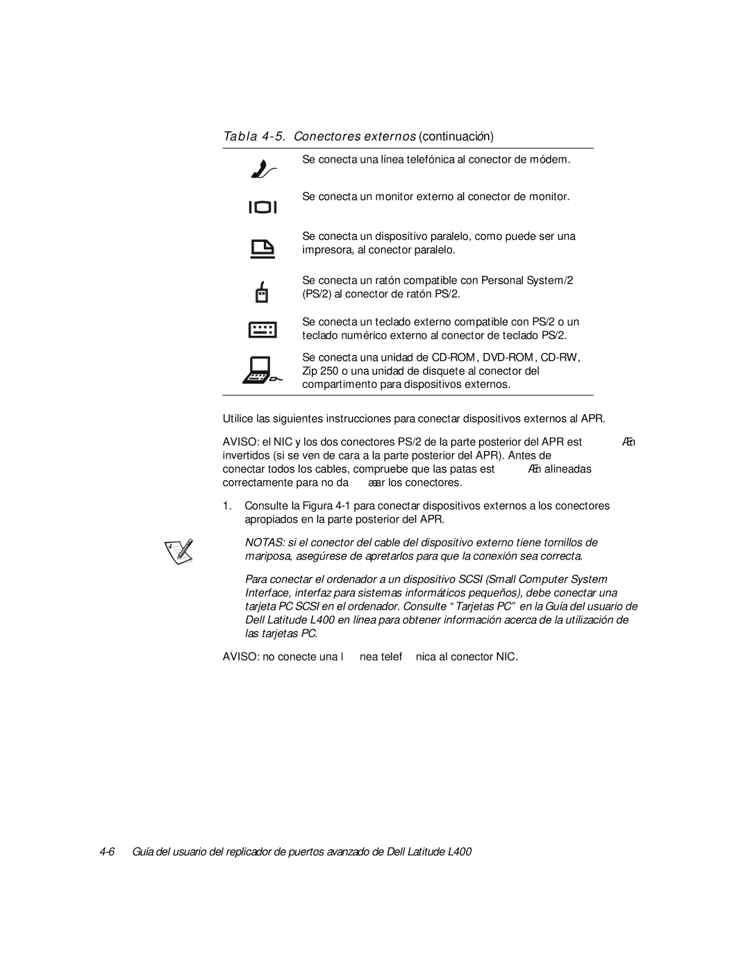 Dell L400 manual Tabla 4-5. Conectores externos continuación, Aviso no conecte una línea telefónica al conector NIC 