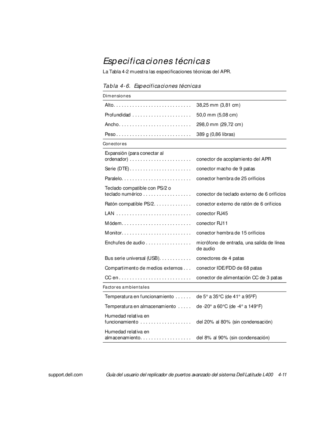 Dell L400 manual Tabla 4-6. Especificaciones técnicas 