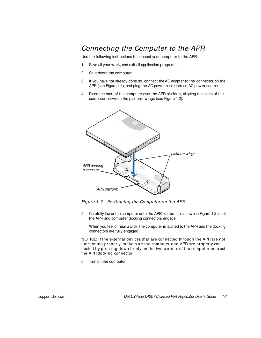 Dell L400 manual Connecting the Computer to the APR, Positioning the Computer on the APR 